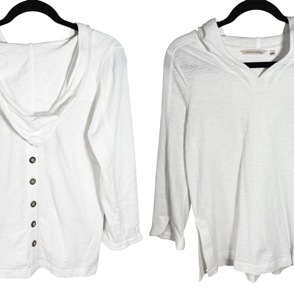 Soft Surroundings White Pullover Hoodie Organic Cotton Button Back Accent PXS